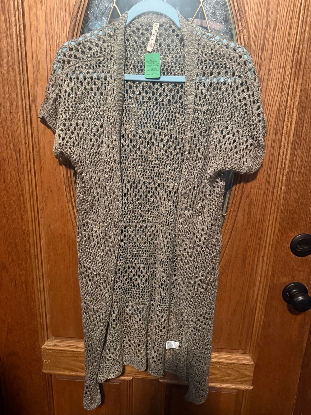 #1425 POL Olive Open Knit Short Sleeve Cardigan